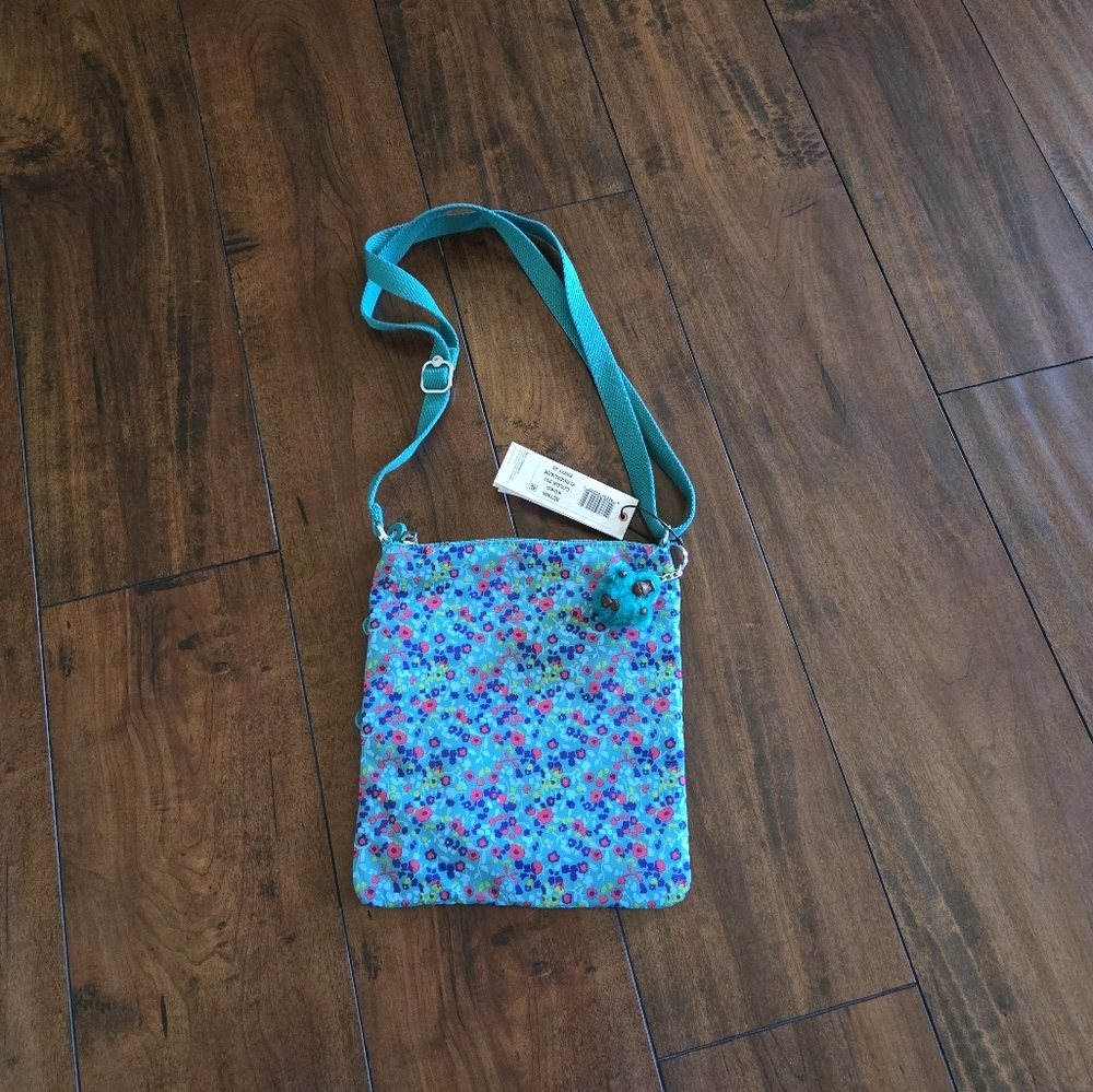 Kipling Keiko Crossbody Lightweight Shoulder Bag Teal Floral Print Monkey Charm - Picture 2 of 8